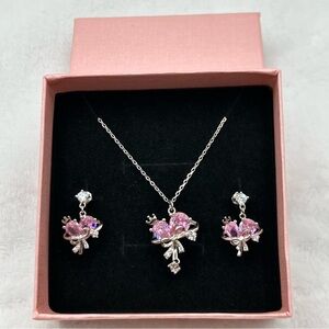 Sterling Silver S925 Necklace Pink Star Bow Heart Earrings Set